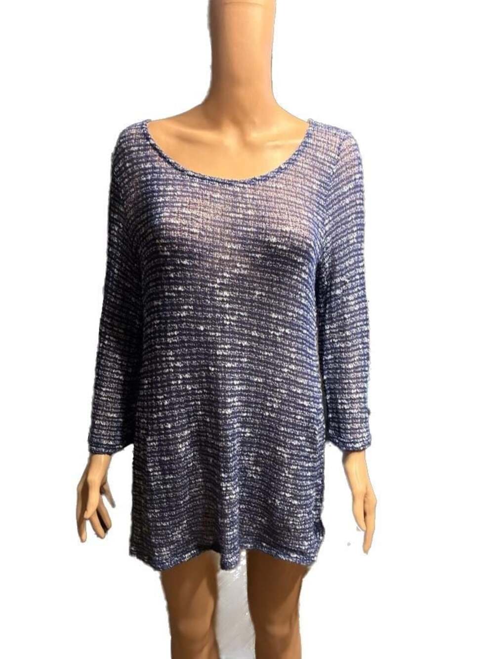 Cal Style Blue and White Marled Knit Long Sleeve Tunic Sweater